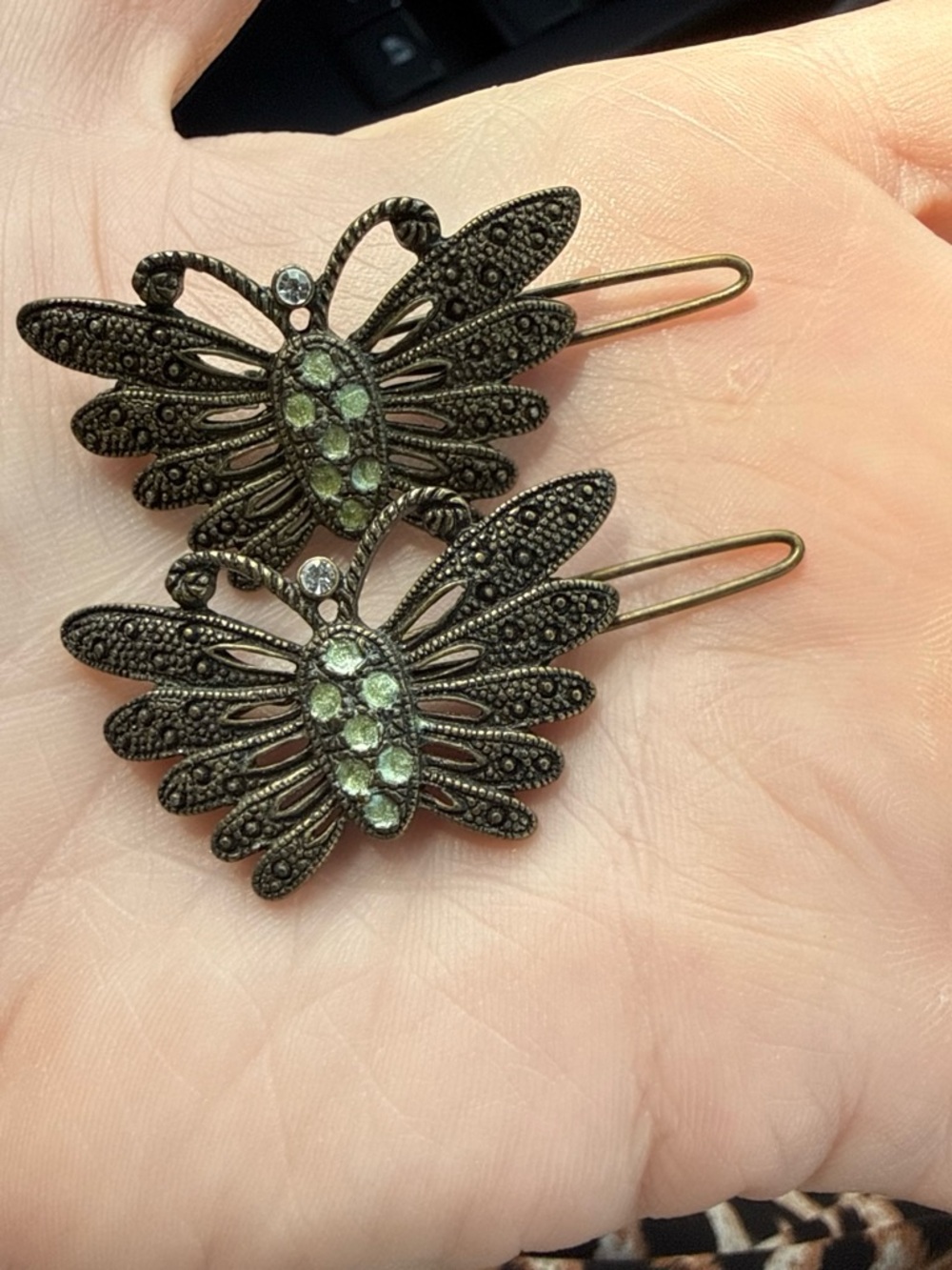 Vintage-Inspired Bronze Butterfly Hair Clips with Green Stones